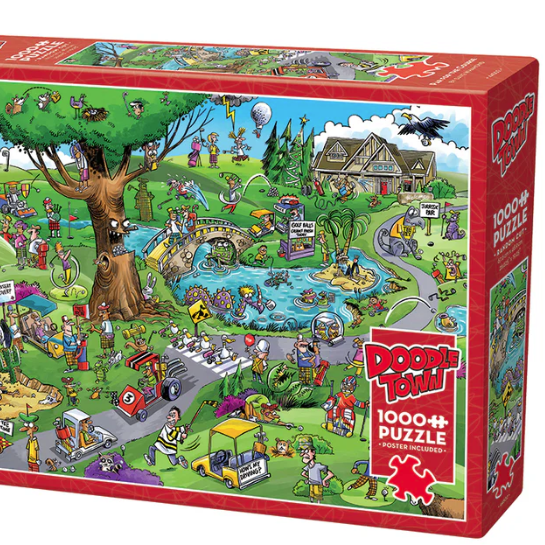 Load image into Gallery viewer, Jigsaw puzzle box with colorful illustration of a park scene and &#39;Doodle Town!&#39; branding.

