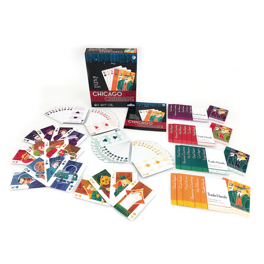 Card game with various cards and a box on a white background