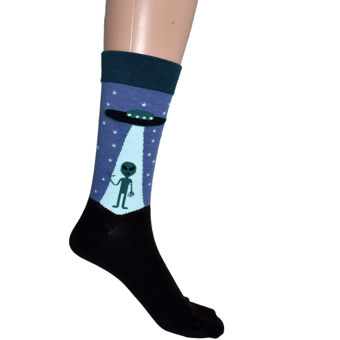 Black sock with alien and UFO design on a white background