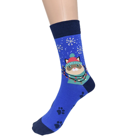 Blue sock with a cat design on a white background