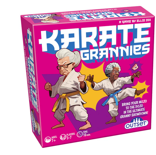 Board game box for 'Karate Grannies' with cartoon characters on a pink background