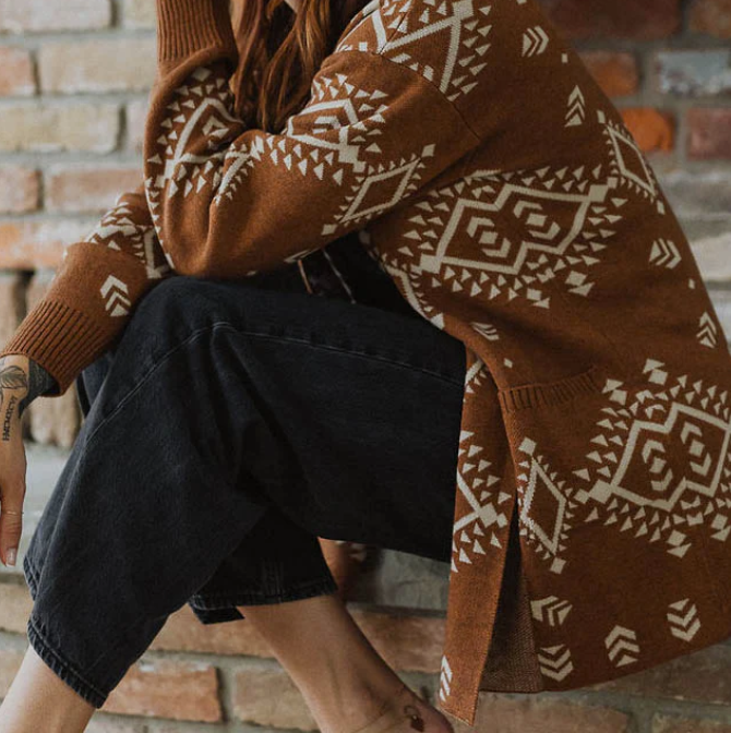 Load image into Gallery viewer, Alpaca Sweater in Geometric in Cinnamon &amp; Beige
