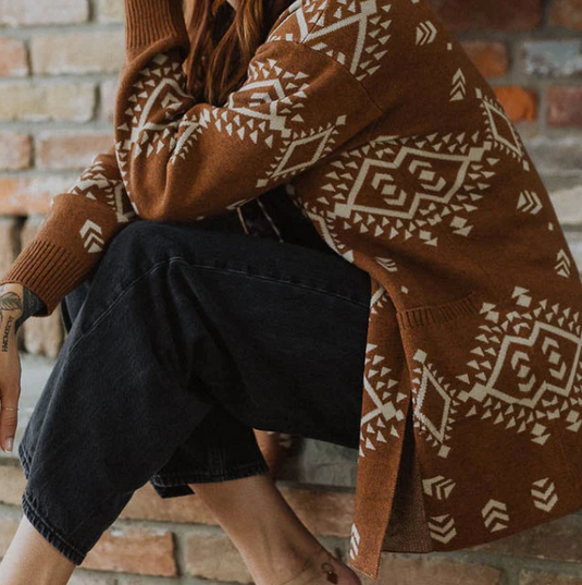 Alpaca Sweater in Geometric in Cinnamon & Beige