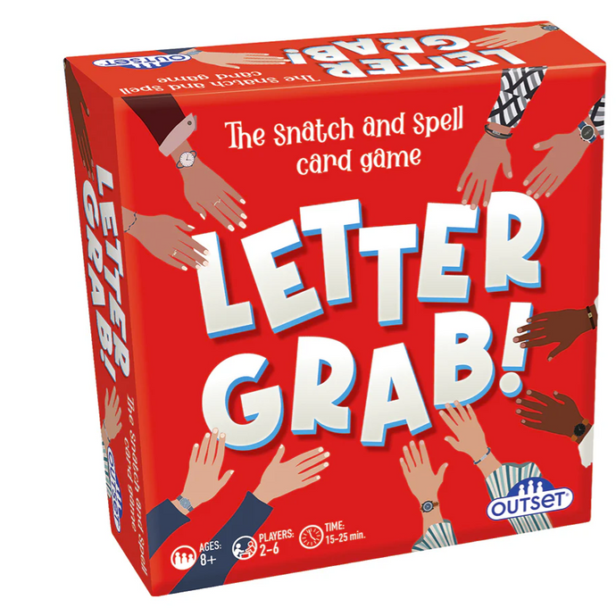 Letter Grab! card game box with red background and colorful text