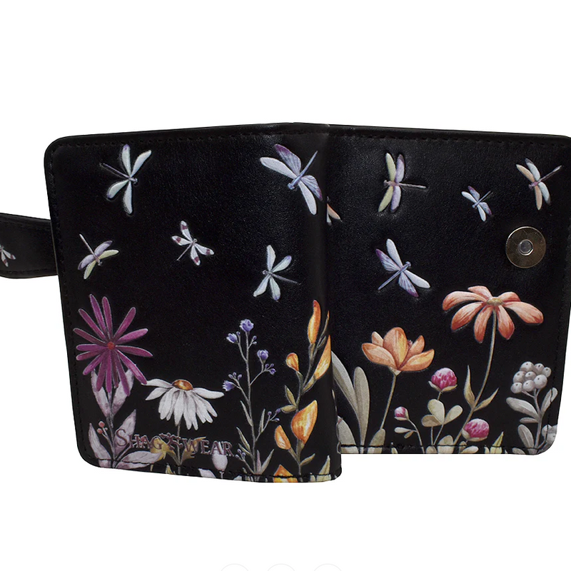 Load image into Gallery viewer, Black wallet with floral and dragonfly pattern on a white background
