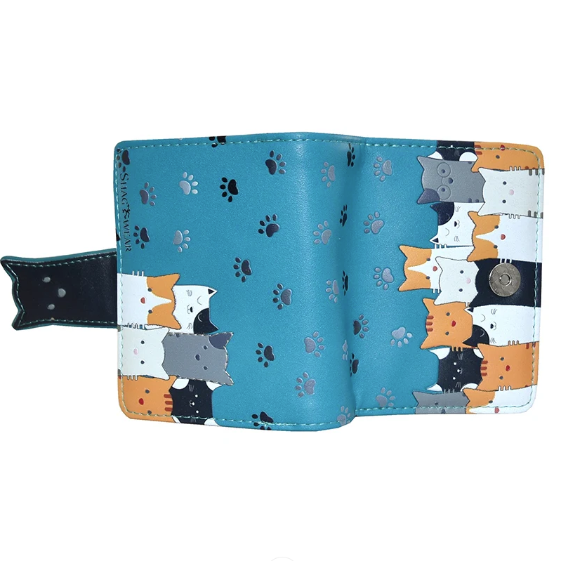 Load image into Gallery viewer, Blue wallet with cat pattern on a white background
