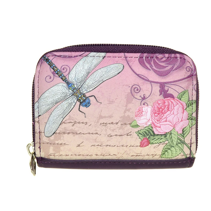 Small wallet with floral and dragonfly design on a white background