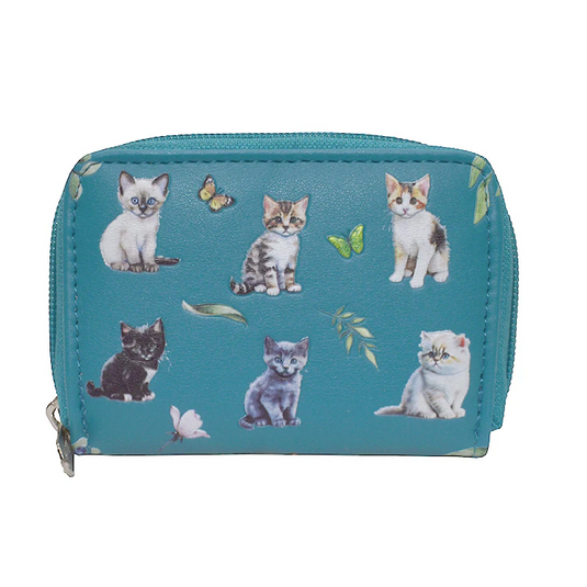 Blue wallet with cat illustrations on a white background