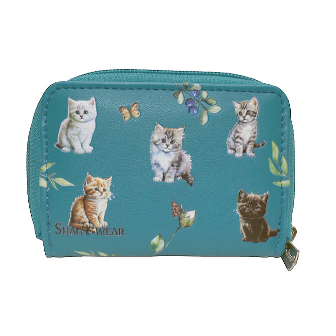 Teal coin purse with cat illustrations on a white background