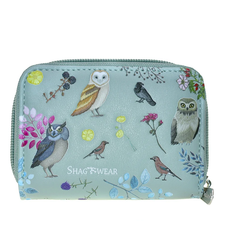 Load image into Gallery viewer, Small pouch with owl and bird design on a light blue background, featuring the brand &#39;Shag Wear&#39;.
