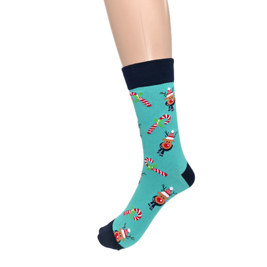 Teal sock with candy cane and snowman pattern on a white background