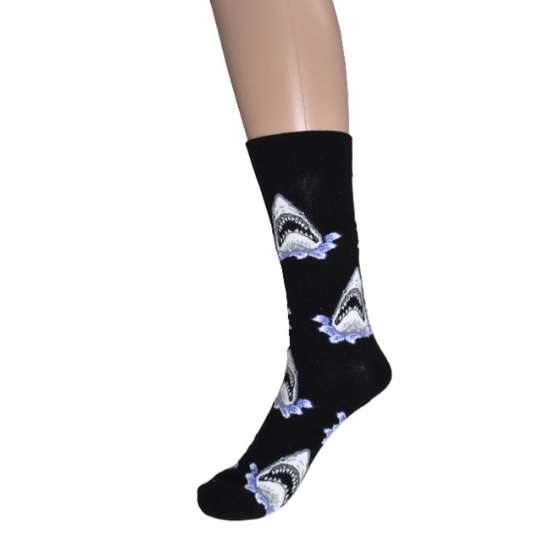 Black socks with shark design on a white background