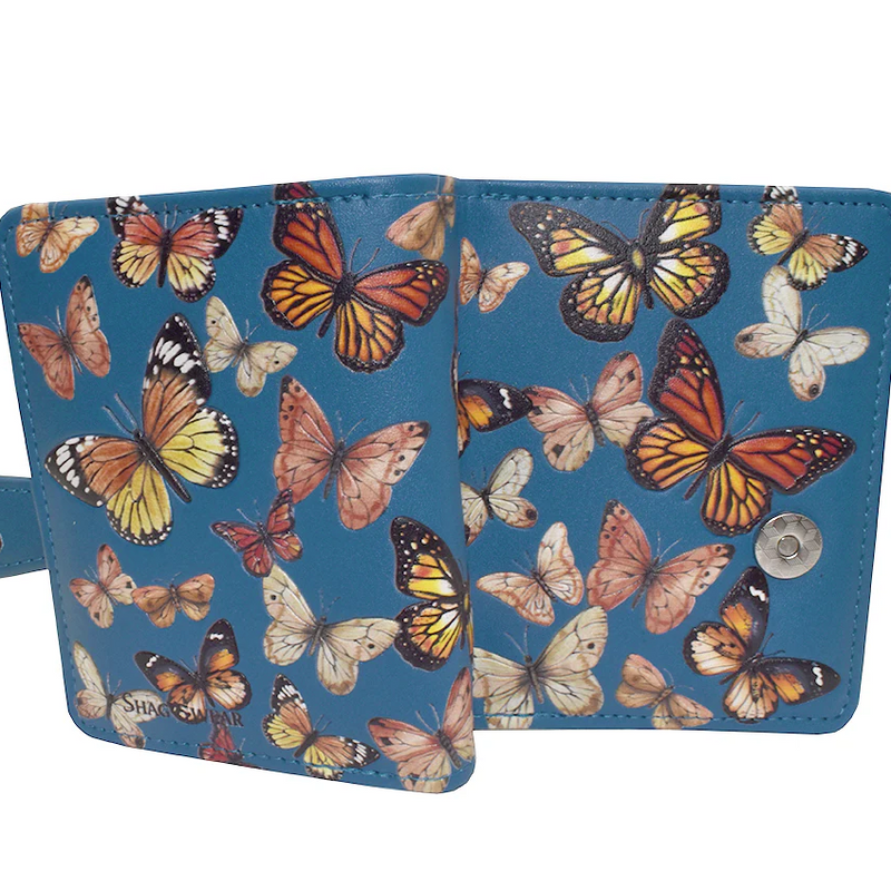 Load image into Gallery viewer, Blue pouch with colorful butterfly pattern on a white background
