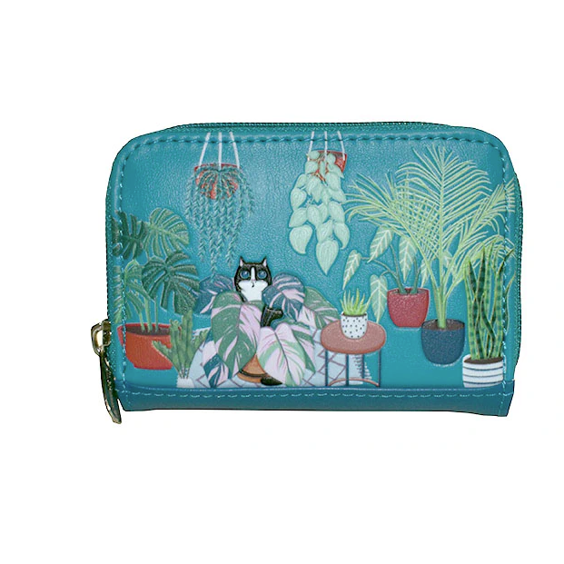 Load image into Gallery viewer, Blue wallet with cat and plant design on a white background
