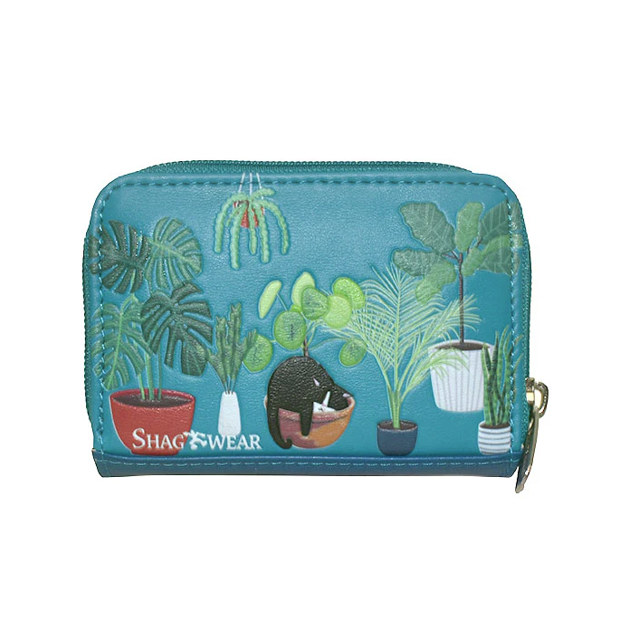 Load image into Gallery viewer, Teal wallet with plant designs and &#39;Shag Wear&#39; branding on a white background
