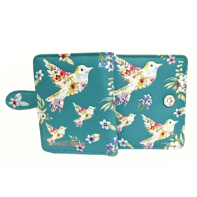 Floral bird patterned wallet on a white background