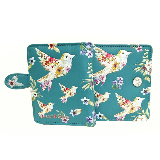 Floral bird patterned wallet on a white background