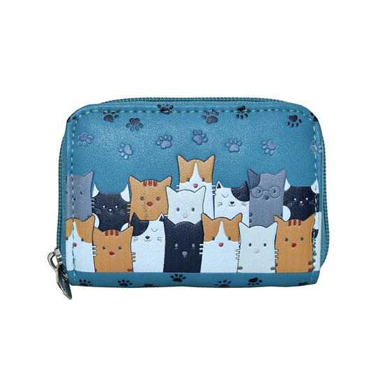 Blue wallet with cat illustrations on a white background