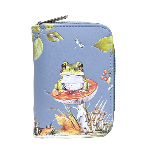 Frog-themed wallet with a blue background on a white background