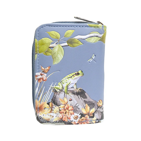 Small pouch with nature-themed design featuring a frog and plants on a light blue background