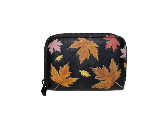 Small black pouch with autumn leaf pattern on a white background