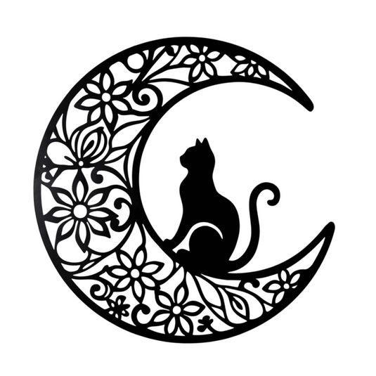Scrolled Cat in the Moon Metal Wall Art