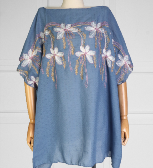 Flowy Summer Top in Jean Blue with Floral Stitching