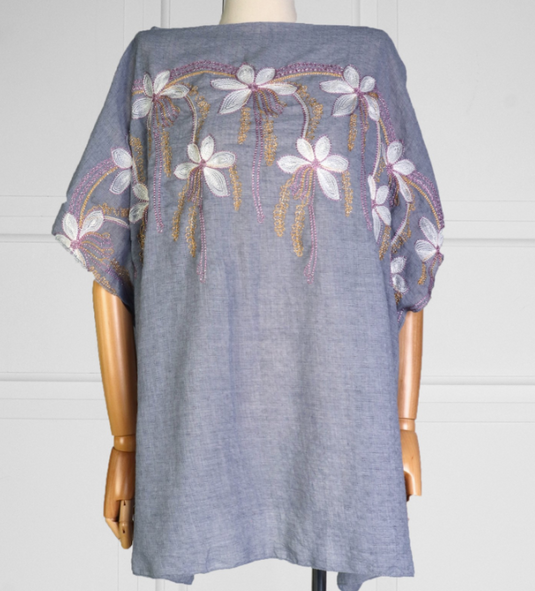 Flowy Summer Top in Grey with Floral Stitching