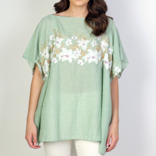 Load image into Gallery viewer, Flowy Summer Top in Green with Floral Stitching

