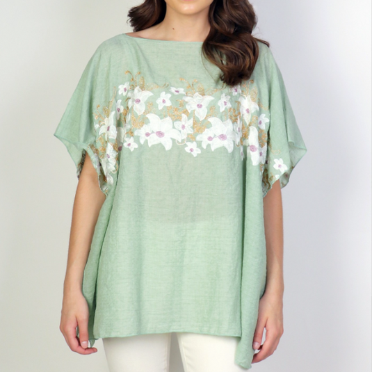 Flowy Summer Top in Green with Floral Stitching