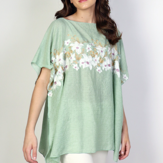 Flowy Summer Top in Green with Floral Stitching