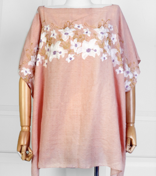 Flowy Summer Top in Peach-Pink with Floral Stitching