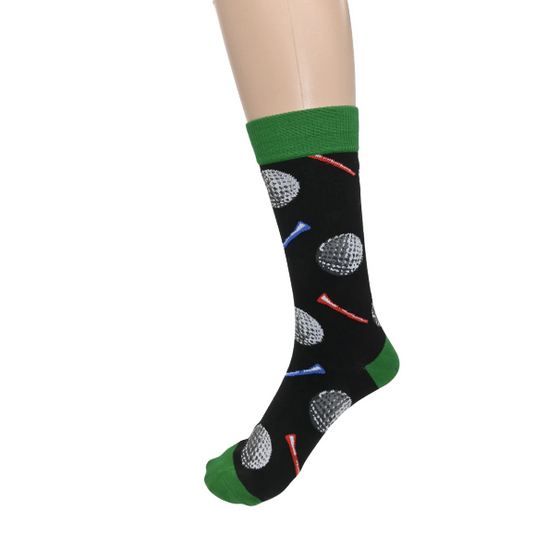 Golf-themed sock on a mannequin foot with green cuff and toe.
