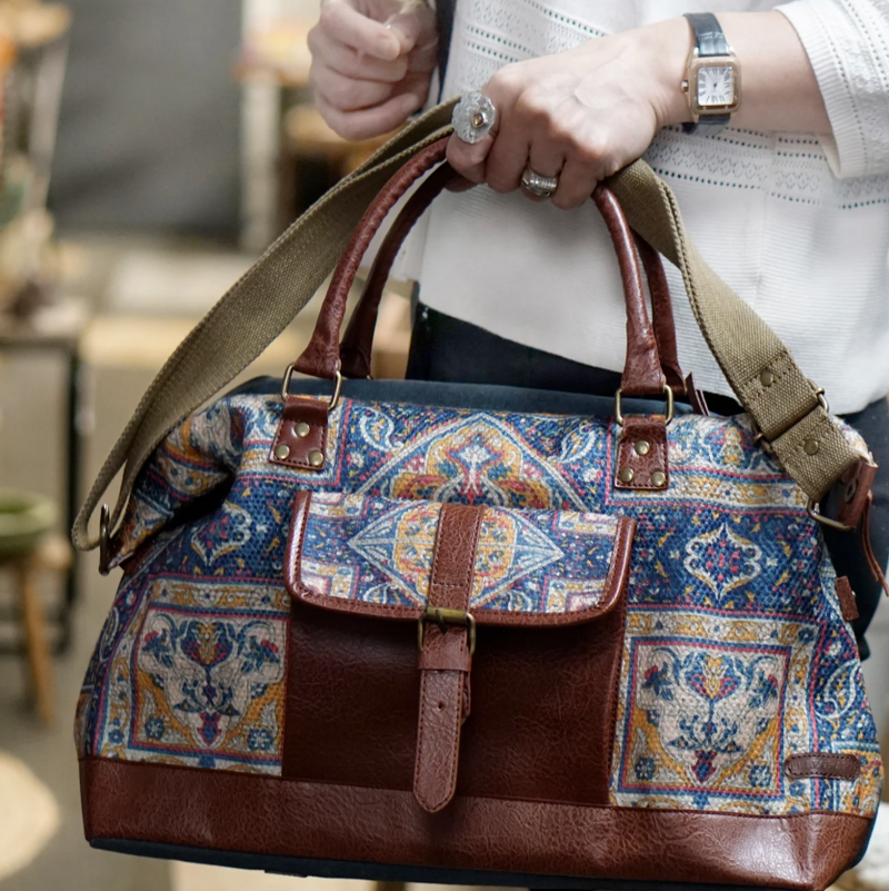 Load image into Gallery viewer, Up-cycled Canvas and Vegan Leather Duffle Bag
