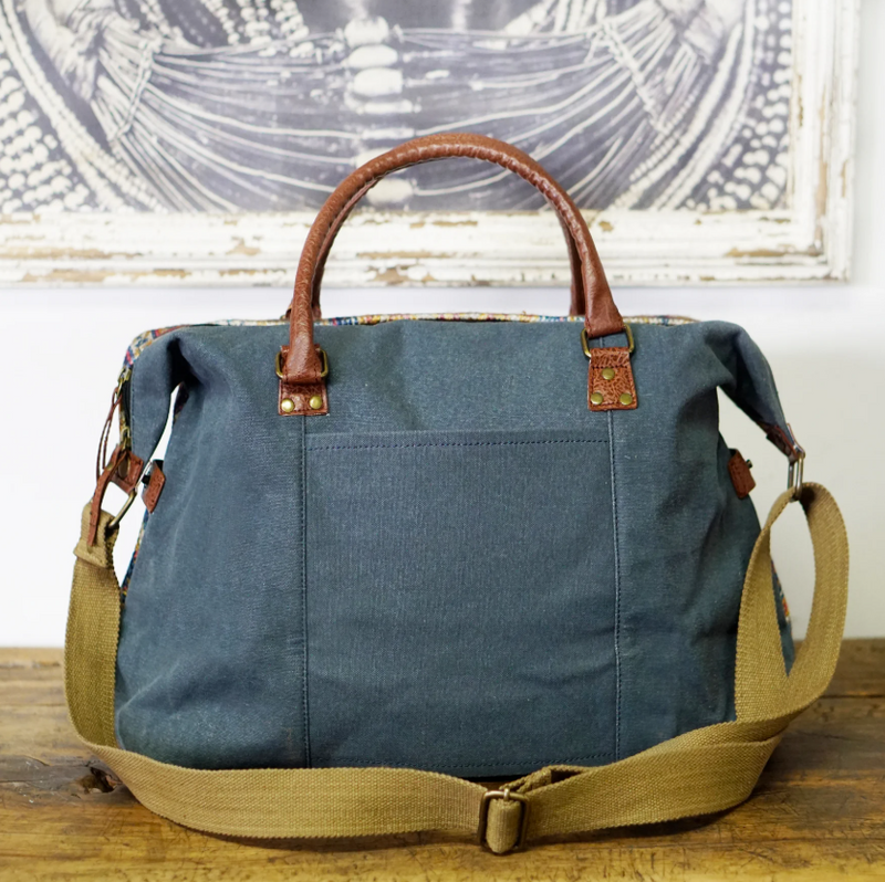 Load image into Gallery viewer, Up-cycled Canvas and Vegan Leather Duffle Bag
