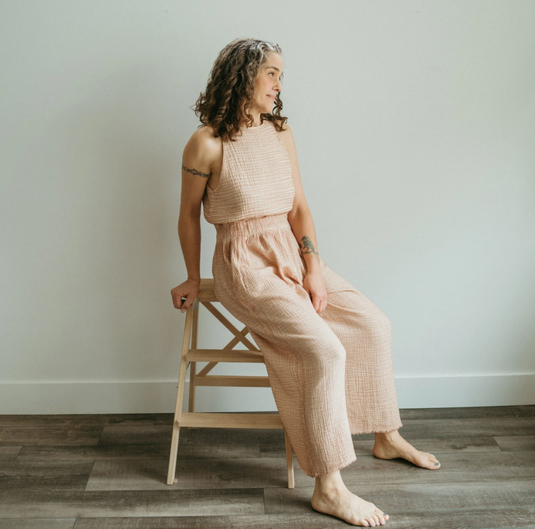 Crinkle Cotton Palazzo Pants in Biege