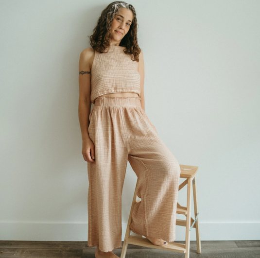 Crinkle Cotton Palazzo Pants in Biege
