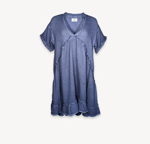 Load image into Gallery viewer, Crinkle Cotton V Dress in Denim
