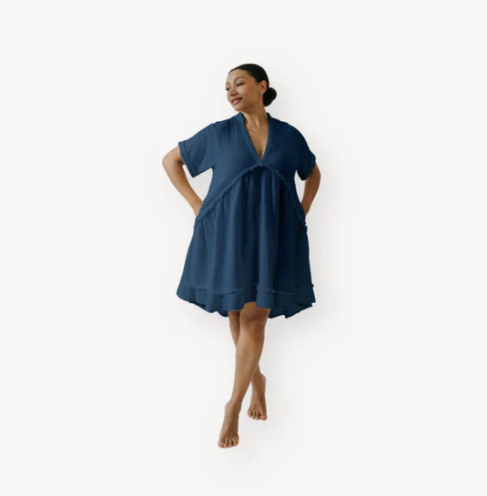 Crinkle Cotton V Dress in Denim