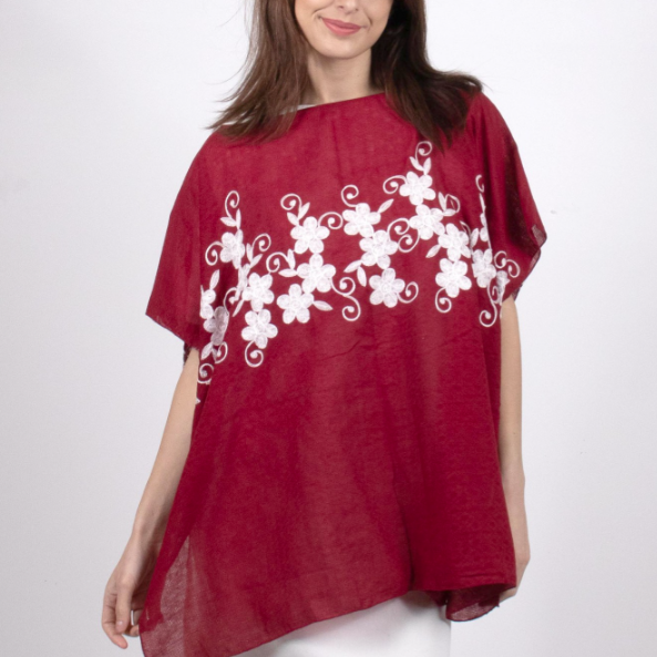 Load image into Gallery viewer, Flowy Summer Top in Burgundy with White Flower Rose Stitching
