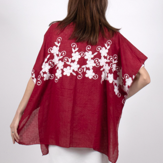 Flowy Summer Top in Burgundy with White Flower Rose Stitching