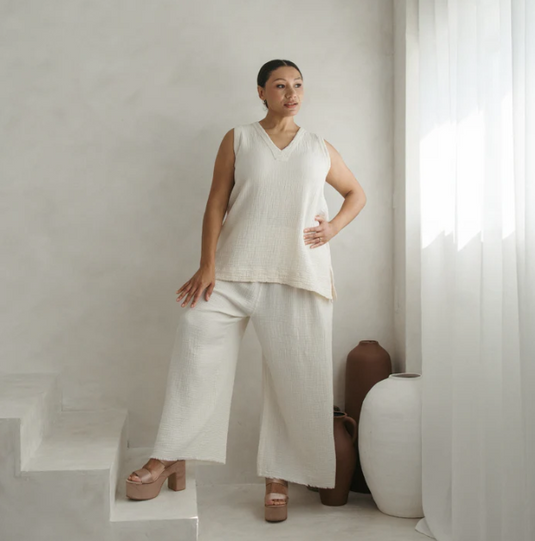 Crinkle Cotton Tunic Top in Cream