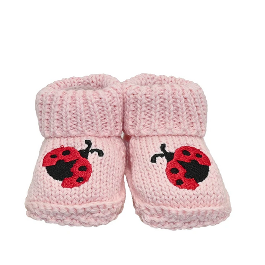 New Born Knit Booties in Pink Ladybug