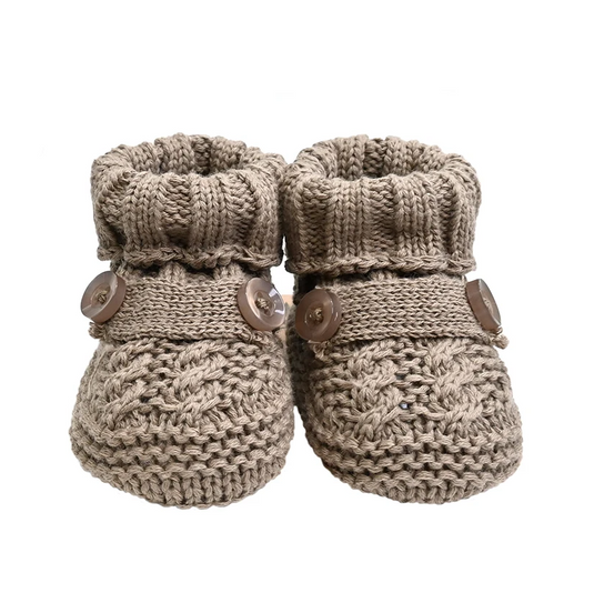 New Born Knit Booties in Brown Buttons