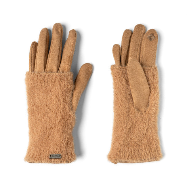 Load image into Gallery viewer, Feather Knit &amp; Faux Suede 2 in 1 Gloves in Tan
