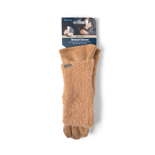 Feather Knit & Faux Suede 2 in 1 Gloves in Tan