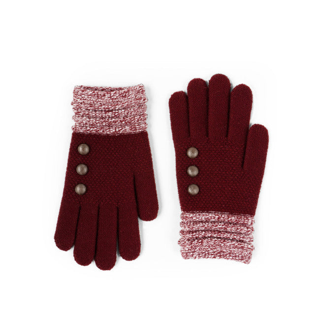 Button Detail Stretch Knit Gloves in Wine