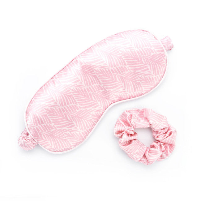 Load image into Gallery viewer, Silky Satin Eye Mask &amp; Scrunchie Set in Pink Print
