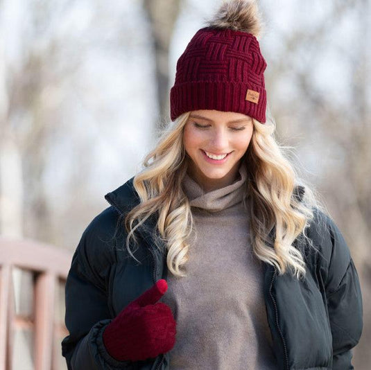 Knit Basket Weave Pom Hat in Wine