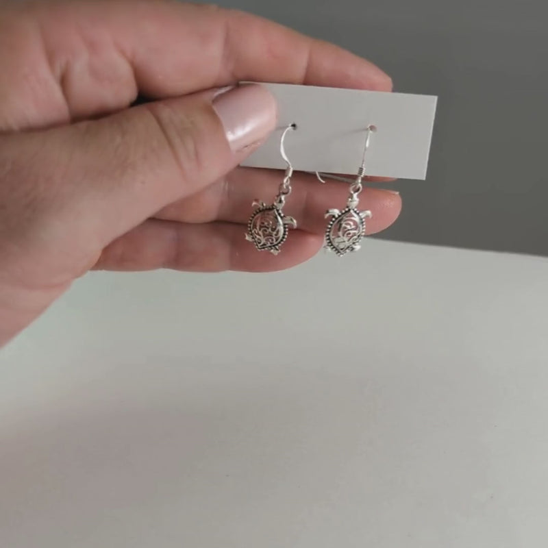 Load and play video in Gallery viewer, Filigree Back Turtle Earrings in Sterling Silver
